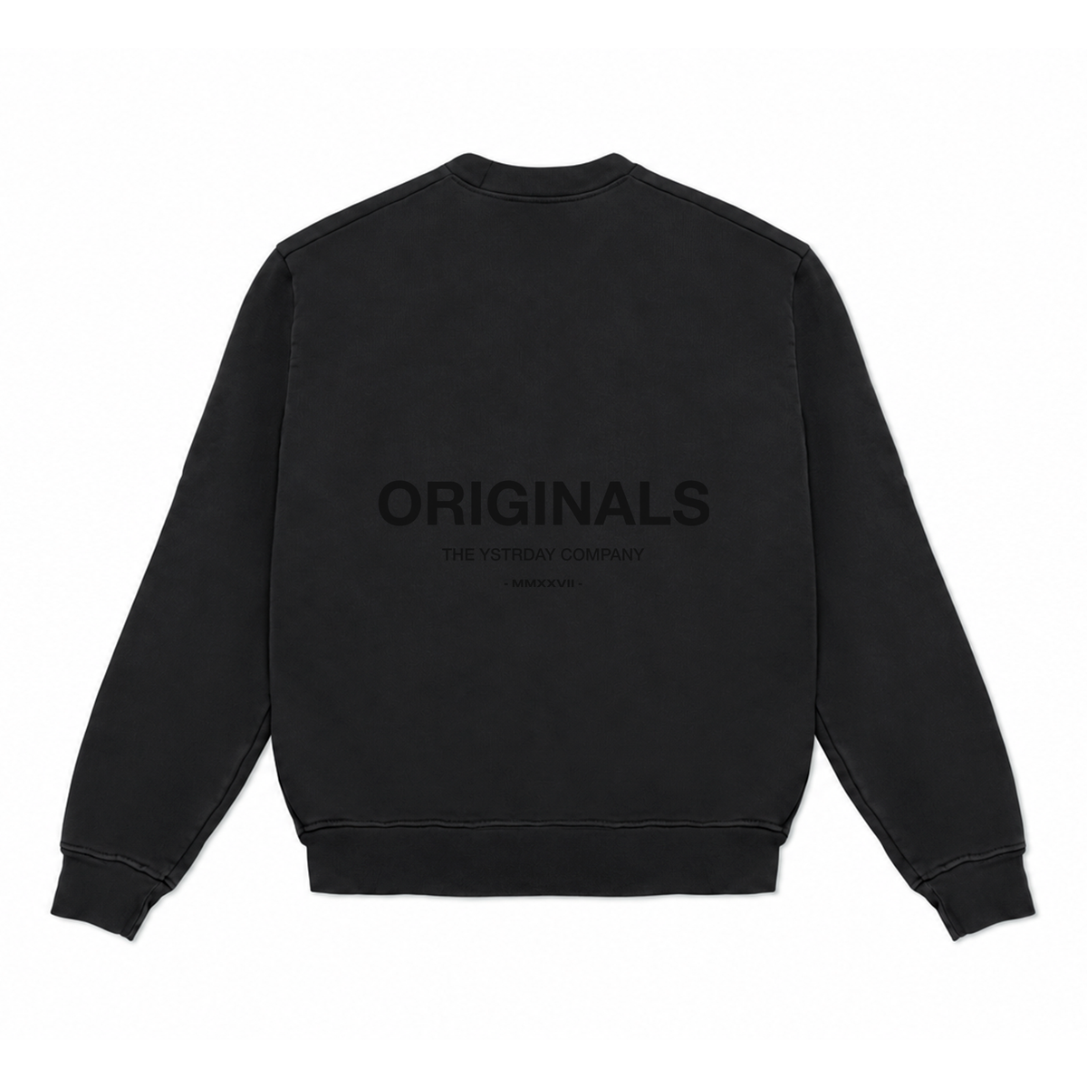 Originals Heavy Crew in Noir, back view with ORIGINALS artwork.