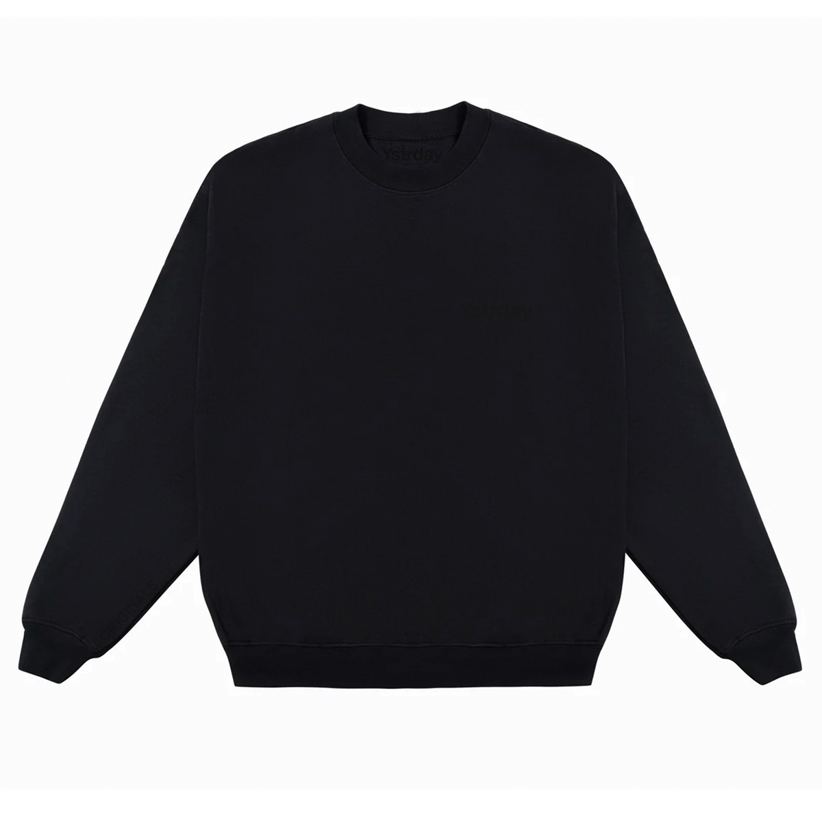 Originals Heavy Crew in Noir, front view with tonal YSTRDAY left-chest print.