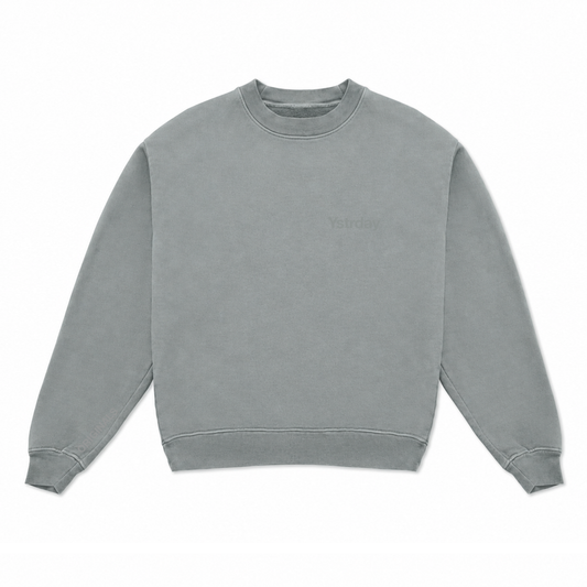 Originals Heavy Crew in Gray, front view with tonal YSTRDAY left-chest print.