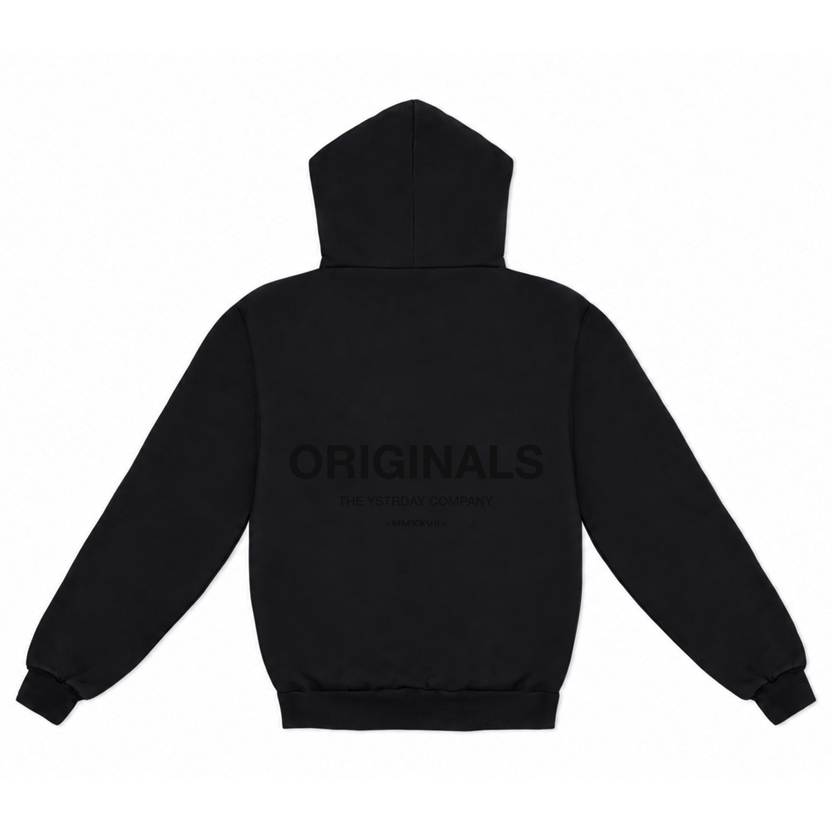 Originals Heavy Hood in Noir, back view with ORIGINALS artwork.