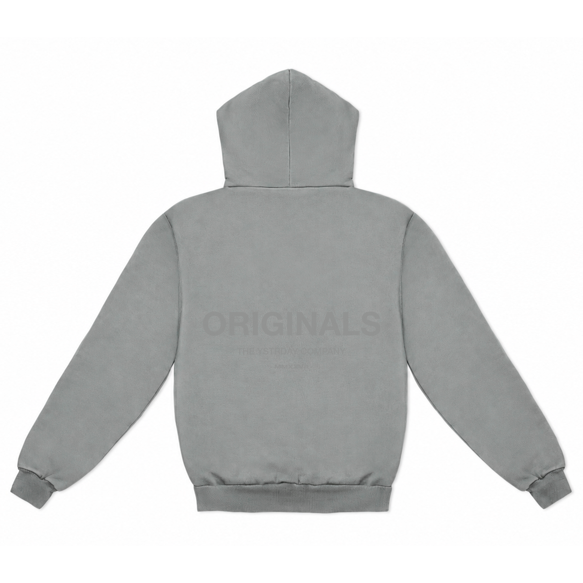 Originals Heavy Hood in Gray, back view with ORIGINALS artwork.