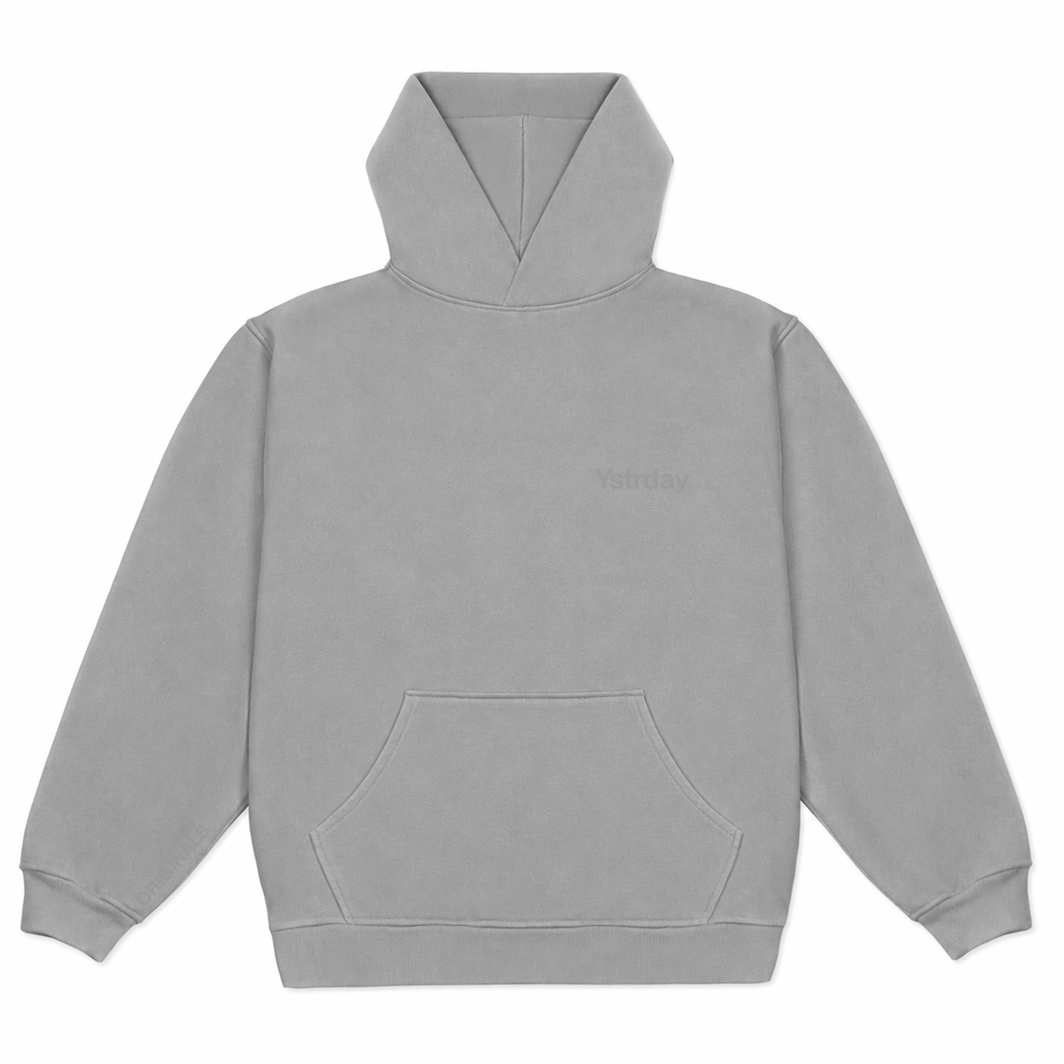 Originals Heavy Hood in Gray, front view with tonal YSTRDAY left-chest print.