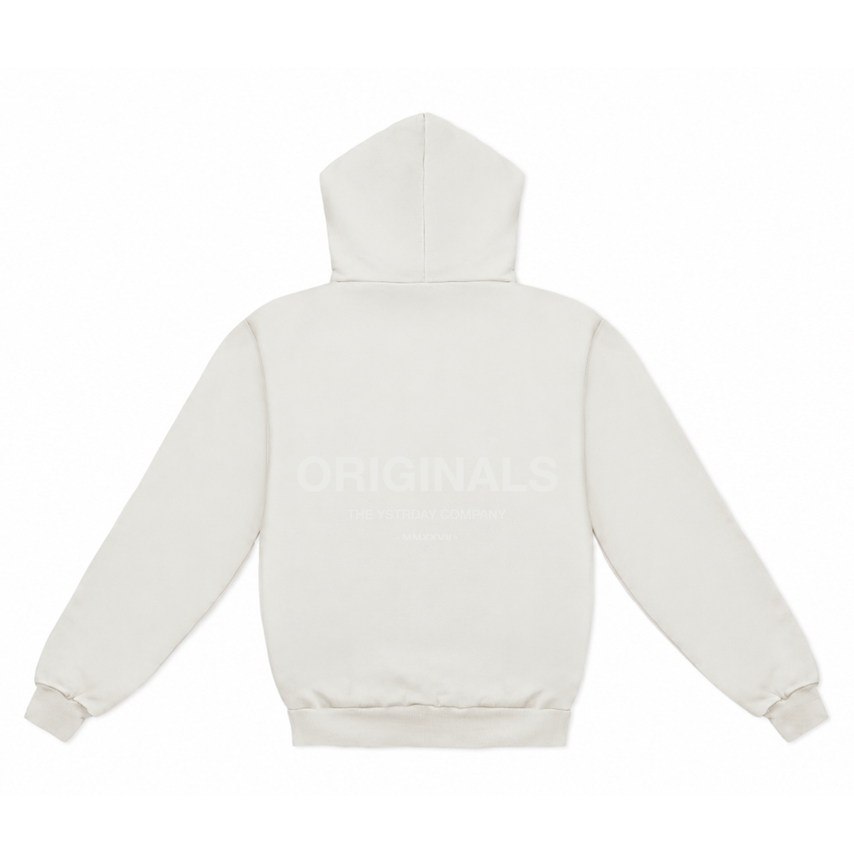 Originals Heavy Hood in Blanc, back view with ORIGINALS artwork.