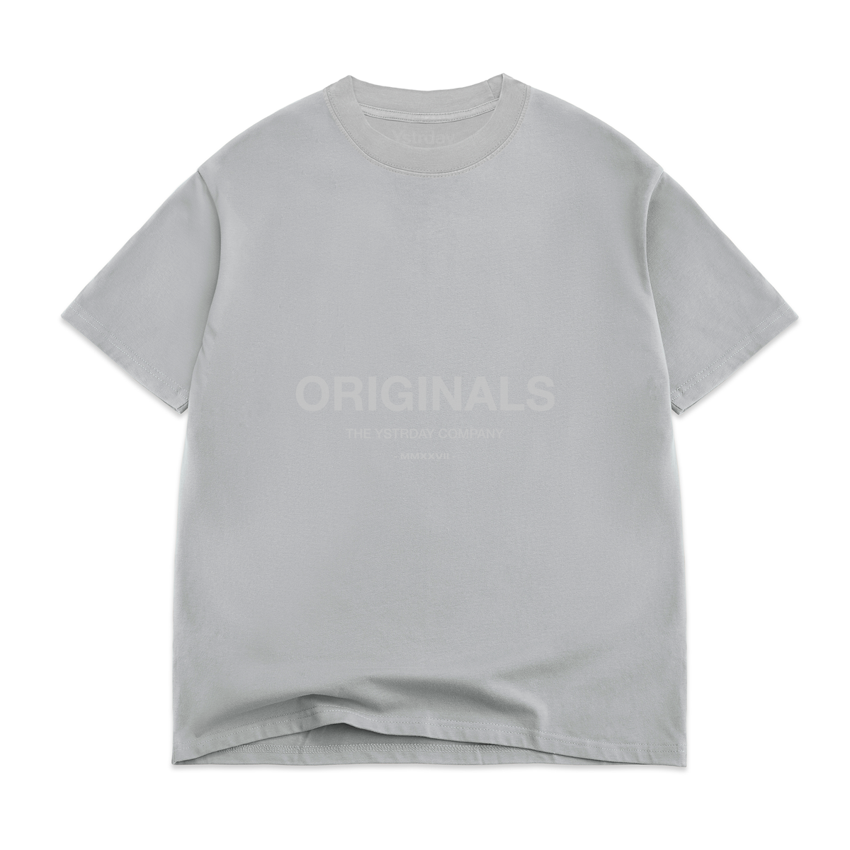 Originals Oversized Tee in Gray, front view with tonal ORIGINALS artwork across the chest