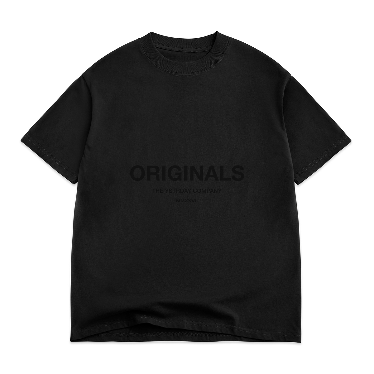 Originals Oversized Tee in Noir, front view with tonal ORIGINALS artwork across the chest