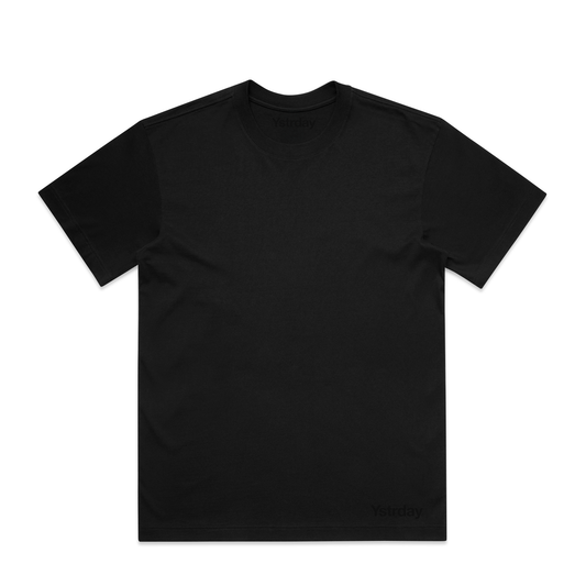Originals Boxy Tee — Noir front; small tonal wordmark at wearer-left lower hem